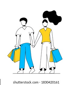 A couple of men and women go shopping with packages. On white background. Bright colors, yellow and blue. Vector illustration. Outline