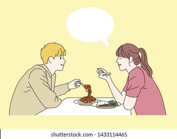 A couple of men and women are having a conversation at a restaurant. hand drawn style vector design illustrations. 