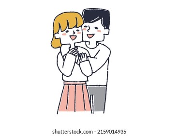A couple of men and women hugging back, two people who love each other happily, a comical handwritten person