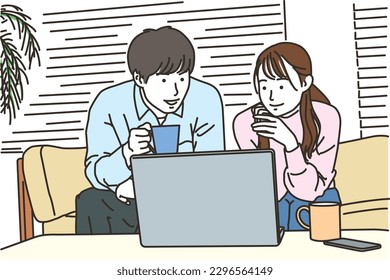 
A couple of men and women looking at a computer while sitting on the sofa during tea time