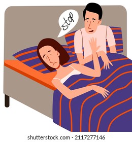 A Couple Of Men And Women Lying In Bed. The Concept Of A Sexual Or Intimate Problem Between Romantic Partners. The Girl Refuses The Guy.