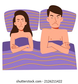 A Couple Of Men And Women Lying In Bed. The Concept Of A Sexual Or Intimate Problem Between Romantic Partners. A Girl And A Guy Are Angry At Each Other.