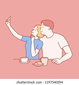 A couple men   women are sitting at cafe   taking pictures and their cell phones  hand drawn style vector design illustrations 
