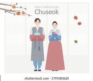 Un par de hombres y mujeres parados con regalos en Chuseok. Llevan ropa coreana tradicional, Hanbok. Imagen de ilustración plana vectorial que se puede cambiar de tamaño.