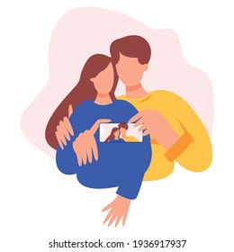 A couple of men and women taking pictures with their cell phones. A couple in love takes a selfie, a couple of friends. Modern flat colorful vector illustration.