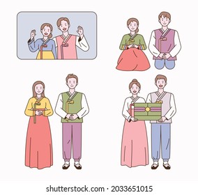 A couple of men and women in traditional Korean clothes are greeting each other in various poses. outline simple vector illustration.