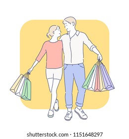 A couple of men and women are walking with happy faces with their shopping bags in their hands. hand drawn style vector design illustrations.