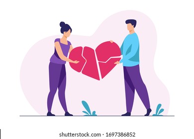 Couple mending broken pieces of heart. Young man and woman holding red heart shape with cracks. Vector illustration for love, relationship, problem, breakup concept