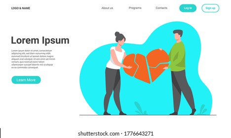 Couple mending broken pieces of heart. Young man and woman holding red heart shape with cracks. Vector illustration for love, relationship, problem, breakup concept