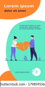 Pareja arreglando pedazos de corazón rotos. Hombre y mujer joven con forma de corazón rojo con grietas. Ilustración vectorial para el amor, relación, problema, concepto de ruptura