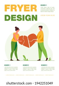 Couple mending broken pieces of heart. Young man and woman holding red heart shape with cracks. Vector illustration for love, relationship, problem, breakup concept