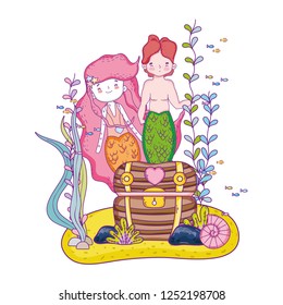 couple mermaids with treasure chest undersea
