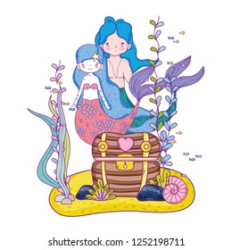 couple mermaids with treasure chest undersea