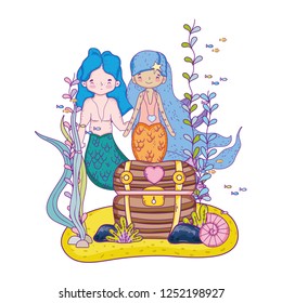 couple mermaids with treasure chest undersea