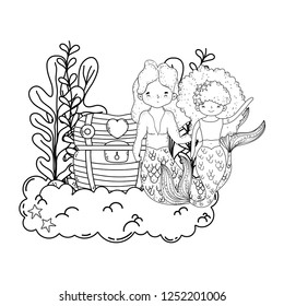 couple mermaids with treasure chest undersea