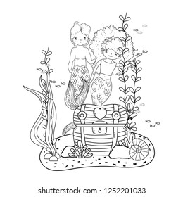 couple mermaids with treasure chest undersea