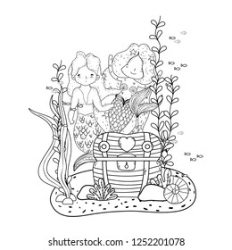 couple mermaids with treasure chest undersea