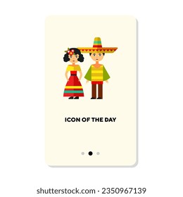 Couple in mexican national costumes flat icon. Mexicans isolated vector sign. Clothes and tradition concept. Vector illustration symbol elements for web design and apps