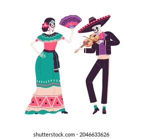 Couple Mexican skeletons in costumes dance   play music Day Dead  Catrina in dress   man and skull in sombrero at Death holiday  Flat vector illustration isolated white background