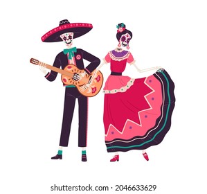 Couple Mexican skeletons dance   play guitar music Day Dead  Catrina in festive dress   man and skull in sombrero at Death party  Flat vector illustration isolated white background