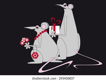 A couple of mice go to visit with flowers and gifts