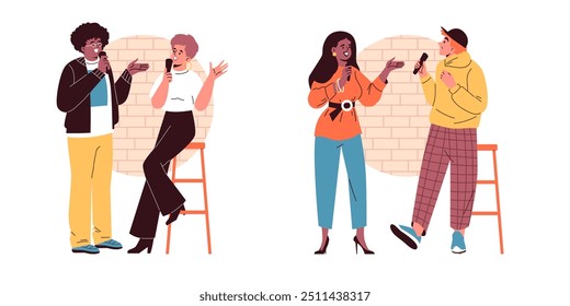 Couple with microphone host stand-up comedy show. Artist man and woman tell jokes, humor stories, funny conversation. Live performers, public speakers. Flat vector illustrations set isolated on white