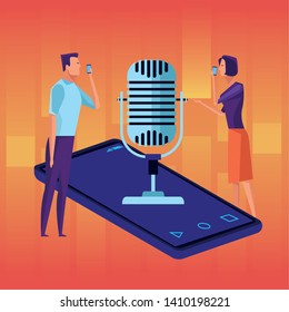 couple and microphone over a cellphone avatar cartoon character with orange pop art background vector illustration graphic design