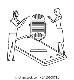 couple and microphone over a cellphone avatar cartoon character black and white vector illustration graphic design