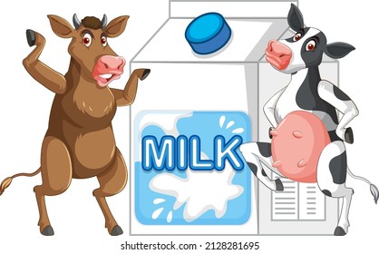 A couple of milk cows standing with a milk box illustration