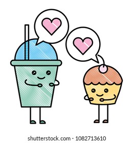 couple milk shake and cup cake with speech bubble kawaii character