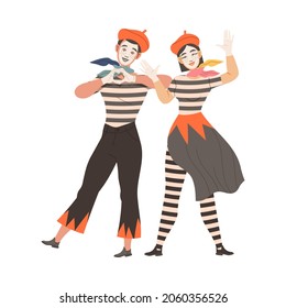 Couple Of Mimes Performing Pantomime. Silent Male And Female Actors Character Taking Part At Show Cartoon Vector Illustration