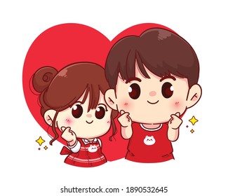 Couple mini heart hand sign Happy valentine cartoon character illustration Premium Vector