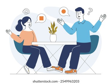 Couple with misunderstanding. Man and woman communicate with each other. Conflict and quarrel in workplace. People have language barrier. Linear vector illustration isolated on white background
