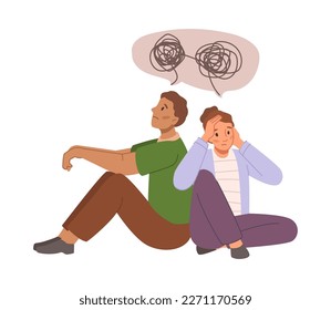 Couple with mixed feelings and thoughts, anxious and overthinking. Psychological problems and figuring out emotions, therapy for pair. Vector in flat style