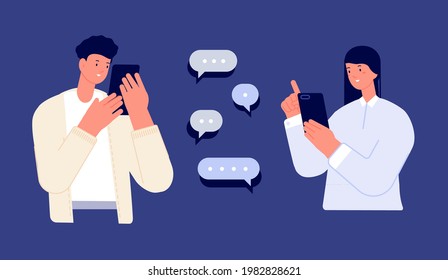 Couple mobile chatting. Teenagers chat, feedback or mobile friendship. Two teens smart talking online. People sharing news utter vector concept