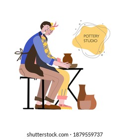 The couple model handcraft pot in ceramics studio. Vector illustration layouts for art studio, pottery or ceramic studio with woman, man. 