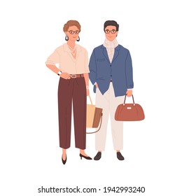 Un par de colegas modernos y maduros aislados de fondo blanco. Retrato de empresario y empresaria de moda. Gente sonriente con ropa elegante y formal. Ilustración vectorial plana de color