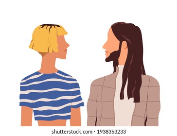 Couple of modern people isolated on white background. Portrait of woman with bob cut and long-haired man. Friends standing face to face. Colored flat vector illustration of two young friends