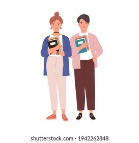 Couple of modern students with books in hands. Young man and woman holding textbooks. Portrait of teenagers standing together. Colored flat vector illustration of friends isolated on white background