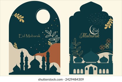 Couple of modern style islamic festival night Eid Mubarak greeting cards with Frame and Modern Boho Style Design