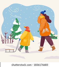 Couple mom and son walking in winter in cold weather. Happy family resting in warm clothes outdoors in cold winter. Mother is going to skate and child is going to sled. Winter outdoor activities