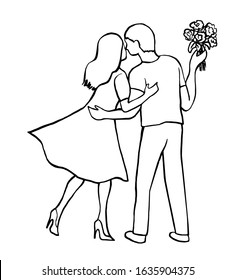 The couple in a moment of romantic meeting. Line art illustration of a romantic couple for cards, wedding invitations, dating site. Valentine's day congratulations. Vector illustration