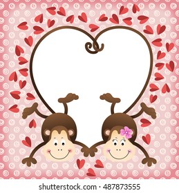 Couple of monkeys shaped heart of tails scrapbook frame
