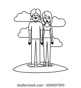 couple monochrome scene outdoor and both with t-shirt and pants and shoes and him with mid length hair and beard and her with collected hair and fringe