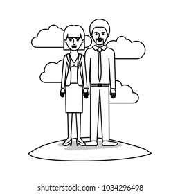 couple monochrome scene outdoor and her with blouse and jacket and skirt and heel shoes with mushroom hairstyle and him with shirt and tie and pants and shoes with short hair and goatee beard