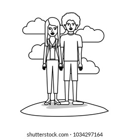 couple monochrome scene outdoor and her with blouse and jacket and pants and heel shoes with layered hair and him with t-shirt and short pants and shoes with curly hair