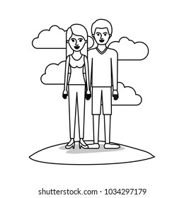 couple monochrome scene outdoor and her with t-shirt sleeveless and pants and heel shoes with long straight hair and him with sweater and short pants and shoes with short hair