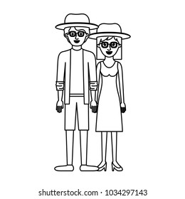 couple monochrome silhouette and both with hat and glasses and him with shirt and jacket and short pants and shoes and her with dress and heel shoes with mid length hair