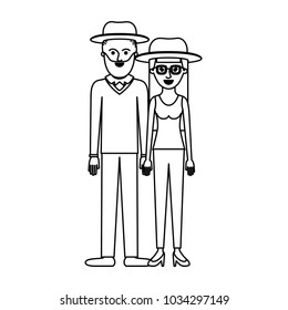 couple monochrome silhouette and both with hat and him with beard and sweater and pants and shoes and her with glasses t-shirt sleeveless and pants and heel shoes with long straight hair
