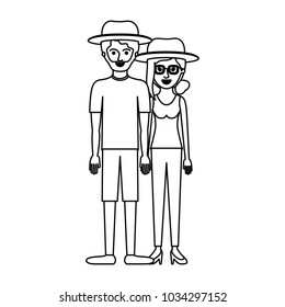 couple monochrome silhouette and both with hat and him with beard with t-shirt and short pants and shoes and her with glasses t-shirt sleeveless and pants and heel shoes with collected hair and fringe